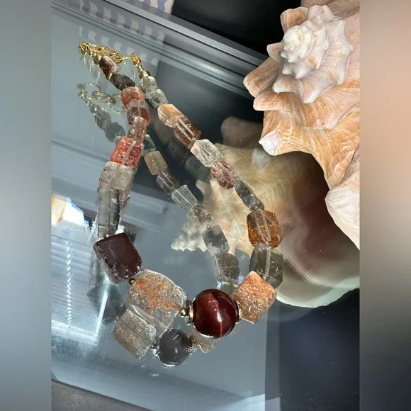 GOLDEN PHANTOM QUARTZ + TIGERS EYE STONES NATURAL NECKLACE - Picture 15 of 16